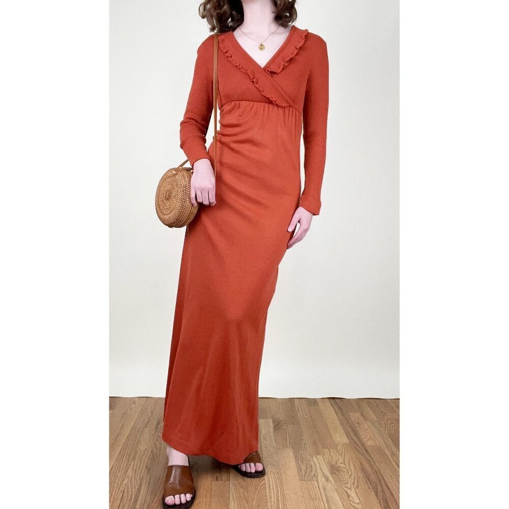 Vintage 1970s Knit Sweater Maxi Dress Ruffle Long Sleeve Boho Bohemian 70s 70's